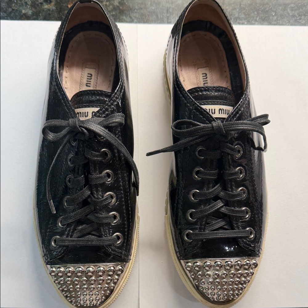 Miu Miu Black Patent Leather Studded Toe Lace-Up Sneakers